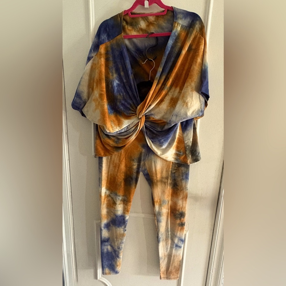 Tie-Front Two-Piece Set in Blue and Burnt Orange